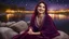 Placeholder: Hyper Realistic detailed Photographic-view of a happy smiling young beautiful Pashto woman with beautiful-eyes-&-beautiful-lips wearing-maroon-dress-with-white-embroidery-&-purple-velvet-shawl happily-sitting on a big-rock in-front-of-a-bonfire night riverside with cloudy moonlight at dark night & fireflies around her showing dramatic & cinematic ambiance.