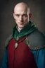 Placeholder: Portrait of young adult nobleman, bald, blue eyes, medieval green clothes, red vest, chain mail armor, blue cape