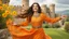 Placeholder: Hyper Realistic Photographic Close-Up View Of A Beautiful Young Pashto Woman With Beautiful Eyes Lips & Nose (Wearing Beautiful Orange Frock With Yellow Floral Patterns & Yellow-Ribbons On It Her Beautiful Long Hair Whirling In Air) Happily Whirling & Smiling Inside The Courtyard Of A Detailed-Crafted Stone-Castle On Grassy-HillTop With Yellow-Flowers & A Valley Down, At Cloudy Weather With Heavy Rainfall Showing Dramatic & Cinematic Ambiance.