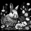 Placeholder: colorless rabbit between seeds and big flowers black background .black and white colors. for a coloring. with grayscale