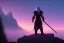 Placeholder: dark elf man, drizzt, pink eye, fantasy, far away, sunset, mystic, fog render unreal, cave exit, mountain, 2 scimitars, big landscape, snow, big green hood and coat