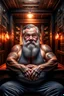 Placeholder: full figure shot photography, beefy burly man , long beard, masculine hairy 55 year old man, long hair, several tattoo, short beard , crossed arms, big shoulders, big arms, closed eyes, ambient occlusion ,sitting in a steamy Sauna, super high resolution, 8k, dim light, ultra hyper realistic, frontal view from the bottom,