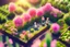 Placeholder: top view of a miniature flower farm scene with cute chibi anime gardener cats tending to the flower fields S<AI in sunshine, photorealistic, 3D, ethereal, cinematic postprocessing, bokeh, dof