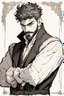 Placeholder: young man in mid 20's, medieval, fighter, russian, croocked nose, czar, rich, simple clothes, short messy hair, thick beard, oligarch, leather coat with fur, brocade clothes, pencil drawing, black or red hair, muscles, background frame