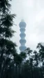Placeholder: realistic photo of a tall bamboo trees in a landscape, a tower from the future with foggy clouds and gray sky