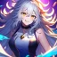 Placeholder: Clear focus, 8k, beautiful lighting, vibrant colors, girl, white long hair, vibrant golden eyes, messy hair, hair in between the eyes, laughing, angry,