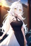 Placeholder: girl, masterpiece, best quality, cinematic lighting, detailed outfit, vibrant colors, perfect eyes, golden eyes, long hair, white hair, messy hair, hair between eyes, depth of field, ray tracing, halterneck, dress,