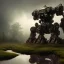 Placeholder: hyperrealistic shot, rusting and moss covered mecha robot, earth color palette, sharp focus, puddle reflection, tire water splash, refraction, rain and lightning on the horizon, shadowcast, detailed and intricate, cinematic composition, tilt shift photography