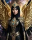 Placeholder: Photography A Length Super model Iranian Woman Hijab and using half mask as Beautiful Archangel with wings made from metal craft,dressing luxurious golden and black color armor filigree fcombination fully crystals diamonds stone crystals,Cosmic Nebula Background