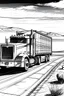 Placeholder: Black and white sketch of a semi truck parked on a 2 lane hwy in the desert USA