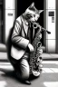 Placeholder: One single mature cat playing saxophone on the street, Osaka, thoughtful, mourning, model style, hyper realistic, extremely accurate, delicate, extremely detailed, Graphic novel style, wide-angle, open aperture, superfine pencil