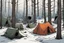 Placeholder: campsite, winter, tents, overgrown, post-apocalyptic, comic book, forest
