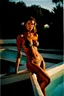 Placeholder: undressed supermodel, realistic analog photography from the 90's, polaroid colors, helmut newton, summer evening, pool, playboy, playmate , sundown, very beautiful face and browned skin, France