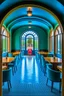 Placeholder: A restaurant whose outer walls are oval in shape, the color of the inside is blue, and its floor is light, with a bar table in the middle of the restaurant in the shape of an oval containing 30 chairs, and there is a door at the end of the restaurant