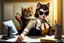 Placeholder: kitten brunette woman secret agent joker in an office in sunshine, very detailed, oil painting