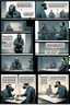 Placeholder: a page divided into 6 rectangular panels, each with different views of a man strapped to a chair and being interrogated by a man standing with a gas mask on, lower and higher perspectives, front and back, overhead light, suspenseful torture graphic novel, comic book