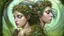 Placeholder: Fantasy digital illustration: a goddess of nature. Her body is covered in lush flora and trees; clusters of flowers adorn her grassy hair similar to a headdress. Her entire body appears to be made of the land itself, with a flowing "dress" made of plants and flora.