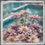 Placeholder: asters in a swimming pool, old damaged white framed polaroid, sunny day, vivid colors, bokeh effect
