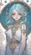 Placeholder: A beautiful girl with glowing starry eyes. And with turquoise hair decorated. And full body. Holds 10 glowing glass beads with a moon inside .girl void. full body Glowing golden eyes and white hair. Standing on a land of water embellished with sapphires and ornate trees. And beautiful buildings. And a sky full of star