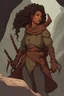 Placeholder: A DnD character. A female Tiefling ranger with pointy ears standing in a cave. The Tiefling has curly hair and a little pterosaurs on her shoulder.