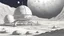 Placeholder: sketch drawing of tranquility base colony on the moon, sci fi futristic dome structure with oxygen tank and farms. moon base.