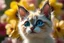 Placeholder: closeup, sharp focus, cute faced happy bioluminescent mohair fantasy steampunk animal cat creature, needle felt, big shiny blue eyes S<AI in sunshine, flower pattern background