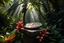 Placeholder: An ancient, weathered astrolabe resting atop a forgotten stone pedestal in a dense, overgrown jungle clearing. its brass surface tarnished with age. Shafts of dappled sunlight filter through the thick canopy above, Surrounding the pedestal, vibrant, exotic flora with iridescent petals and oversized leaves add to the mystical ambiance. The air is thick with humidity, and the distant calls of unseen creatures echo through the ancient jungle.