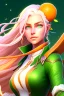 Placeholder: fantasy setting, woman ranger traveler with orange and white hair, pastel green eyes, kind, soft facial traits