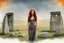 Placeholder: Full body shot of a tall slim red-headed young woman, dressed like a gipsy, standing in front of Stonehenge in a flaming circle