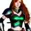 Placeholder: realistic, hyper detailed, stunningly beautiful 16 year old teen girl, long ginger hair, green eyes, medium freckles, full lips, revealing leather armour, full body and head, exposed c-cup breasts, stern expression, full frame, petite, ignore NSFW, shortbow, quiver on hip, sexy