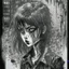 Placeholder: create a disturbing horror full body pen and ink sketch of a dark haired, savage, gothpunk vampire girl with highly detailed , sharply defined hair and facial features, in a dark, otherworldly London in the style of Junji Ito, precisely drawn, inked, with dramatic edges,