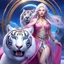 Placeholder: (masterpiece, best quality, 8k, RAW photo, beautiful and aesthetic:1.2), complex detail, Indirect light, photorealistic, (((full body))), 2 Gorgeous Cosmic asian goddess smiling, long curved white hair, blue eyes, Mixed, sci-fi and traditional asian outfit with pink velvet and white furs, riding a white tiger running in a colorfull snowy Sci-Fi landscape with bokeh