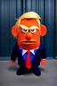 Placeholder: a Film Photograph of a realistic angry orange Donald Trump Muppet made of felt and foam wearing a dark blue suit and red tie and with blonde hair combover, he is old and angry with a round mouth