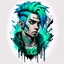 Placeholder: -shirt design, cyberpunk, art boys for style tattoo, blue green hair, there is a written name logo "digi" below, Grafity style, White background.