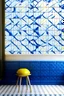 Placeholder: Create handpainted wall mural featuring a seamless pattern of interlocking blue and white tiles with subtle yellow accents. Each tile should have a delicate hand-painted texture."