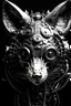 Placeholder: steampunk sci fi portrait of a mechanized fox, or various animals, or mythical creatures, anthropomorphic, high key lighting, 3d bas relief, front view clock, glowing neon nixie cyberpunk eye, wire whiskers cyborg high contrast black and white image