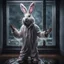 Placeholder: digital hyperreal rendering of a disheveled soaking wet man in ill-fitting wet floppy eared full easter bunny onesie costume looking in window at night making the heart hands gesture, Dramatic, heavy rain, complex contrast, dynamic composition, humorous and sinister