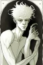 Placeholder: albino young male wizard with third arm extra eyes tendril hair in the style of aubrey beardsley