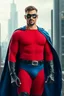 Placeholder: full-length, A portrait of a man with piercing blue eyes, a chiseled jaw, goatee, timeless face, stern expression, Wearing a skintight formfitting red, textured cotton hero suit, he wears a thin, black leather, bandit eye disguise over his eyes, blue trunks, a black belt with silver buckle, black wrist gauntlets, knee-high black leather boots, blue cape, capital letter 'M' on chest, a futuristic cityscape background