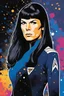 Placeholder: Pitch black background - multicolor splatter painting - 30-year-old Wendy Wendison, who resembles Spock, with long, straight black hair, deep cobalt blue eyes, wearing a long-sleeved, blue, slit, mini dress with a plunging neckline and a star trek upside down V-shaped communicator badge on the left side of the chest -4k, 8k, 16k, 32k, 1080p, UHD, hyper realistic, photorealistic, lifelike, realistic, absolute reality,