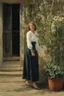 Placeholder: one woman, flowers, house, vegetations, dirt, photography