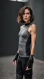 Placeholder: photography of a beautiful anorexic woman, grey satin triathlon top, sports illustrated, brunette short wavy bob haircut, pronounced sternum, flat chest, anthracite short leggins