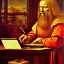 Placeholder: leonardo da vinci works in his study on a laptop at his desk. painting in photoshop. hyperdetailed, warm colors, movie poster, photoillustration, oil on canvas, lens flare