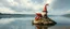 Placeholder: airbrush rendering, mushroom lobster gnome on small island in lake, pinhole cam