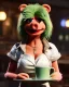 Placeholder: waitress British woman with muppet mask that covers her entire head, green, retro style, Sesame Street style, smooth, unreal engine 5, god lights, ray tracing, RTX, lumen lighting, ultra detail, volumetric lighting, 3d.