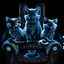 Placeholder: A cat with blue eyes is sitting on an armchair and next to her are three sweet and beautiful kittens against a black background and they are all looking at the camera, computer graphics by Louis Wayne, Behans, psychedelic art, quantum wave racing, psychedelic, mystical