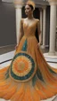 Placeholder: A mannequin wearing a dress, Philippines national custome dress inspired by Philippine sun, sunlight dress, Philippine sunlight Inspired dress, sun design sequins embroidery, very beautiful dress, fantasy dress, dress displayed on mannequin, beautiful, elegant, full body, full body frame, ultra realistic, aesthetic, yellow and orange pastel color, sequins, bedding, made of crystal, sexy, magical, fantasy, ethereal, sparkly, glowing, glittery dress, ruffle dress, gown, artistic style, beautiful a