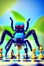 Placeholder: large hairy blue spider wearing a top hat and playing chess, photorealistic, blender render, wide angle lens, 4k, two birds, jungle,