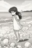 Placeholder: A little girl playing by the seashore, surrounded by oval-shaped seashells and bubbles. Use ovals for the seashells, bubbles, and the sun setting over the ocean.,very happy , Colloring page for todlliers ; basic hawali style cartoon , black and white , ink outlines , , smooth , anime style , minimalist , cute eyes , full body , white shose , sketchbook , realistic sketch , free lines , on paper , character sheet , clean line art high detailed