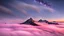 Placeholder: A surreal night-time scene featuring a sharp mountain peak rising through a thick layer of fog. Only one single peak is visible, The mountain's dark, jagged silhouette contrasts against the soft, pastel hues of the fog illuminated by moonlight. Above, the night sky is adorned with countless stars and a segment of the Milky Way, adding a sense of wonder and vastness to the scene. The overall atmosphere is mystical and serene, capturing the beauty of nature in a high-resolution, panoramic view